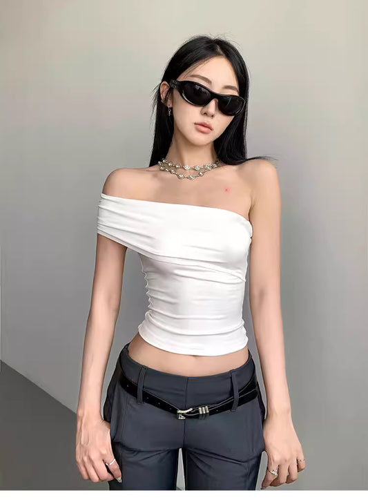 Schulterfreies Top für Damen, perfekt für den Herbst, trägerlos, rückenfrei, plissiert und als Unterhemd tragbar; sexy Trägertop/kurzes Tanktop. 11469