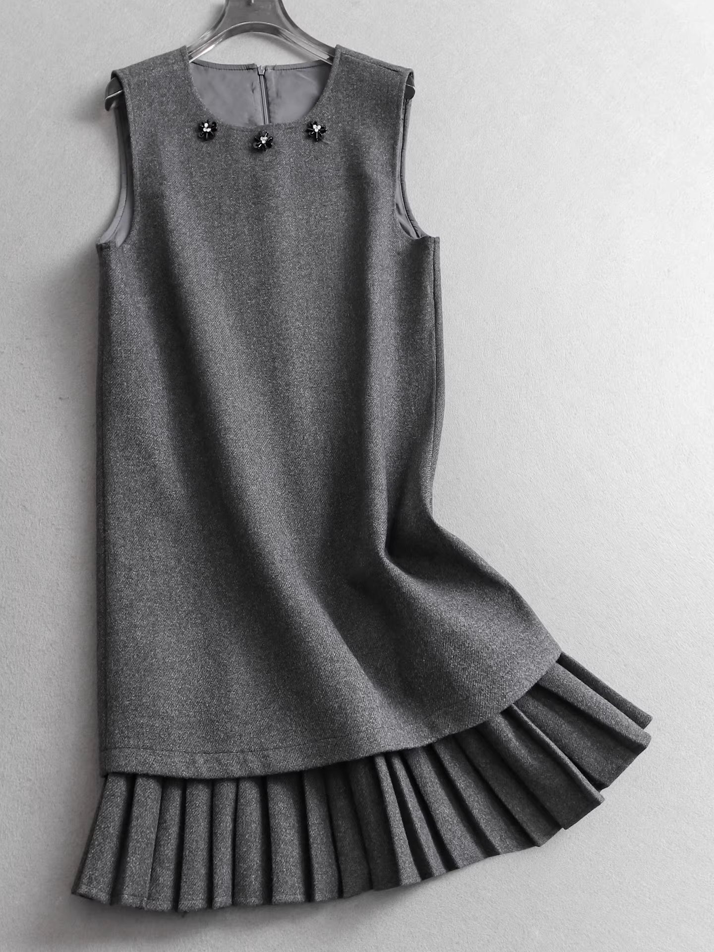 Robe gilet sans manches plissée à col rond, ornée de sequins et de perles, effet deux-pièces, robe en laine à superpositions amincissante 11296