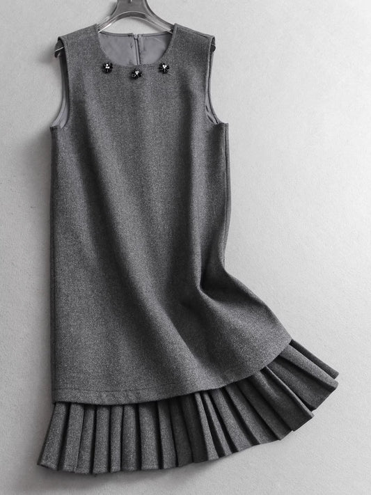 Sequined beaded round neck pleated sleeveless faux two-piece vest dress, slimming layered woolen dress  11296