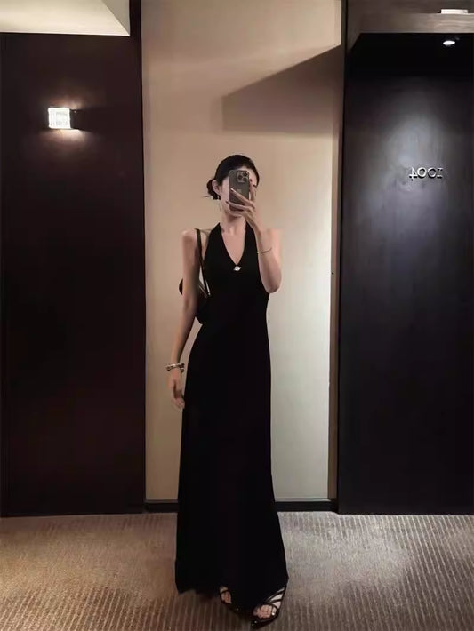 Kontrastreiches rückenfreies Kleid, figurbetontes Sommerkleid für Damen, langes Kleid, schwarz, hochwertig, eleganter Rock, Bodycon-Rock 11450