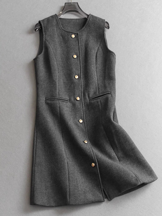 Robe moulante sans manches à col rond et simple boutonnage, style urbain, nouvelle collection automne/hiver, robe gilet superposée 11314
