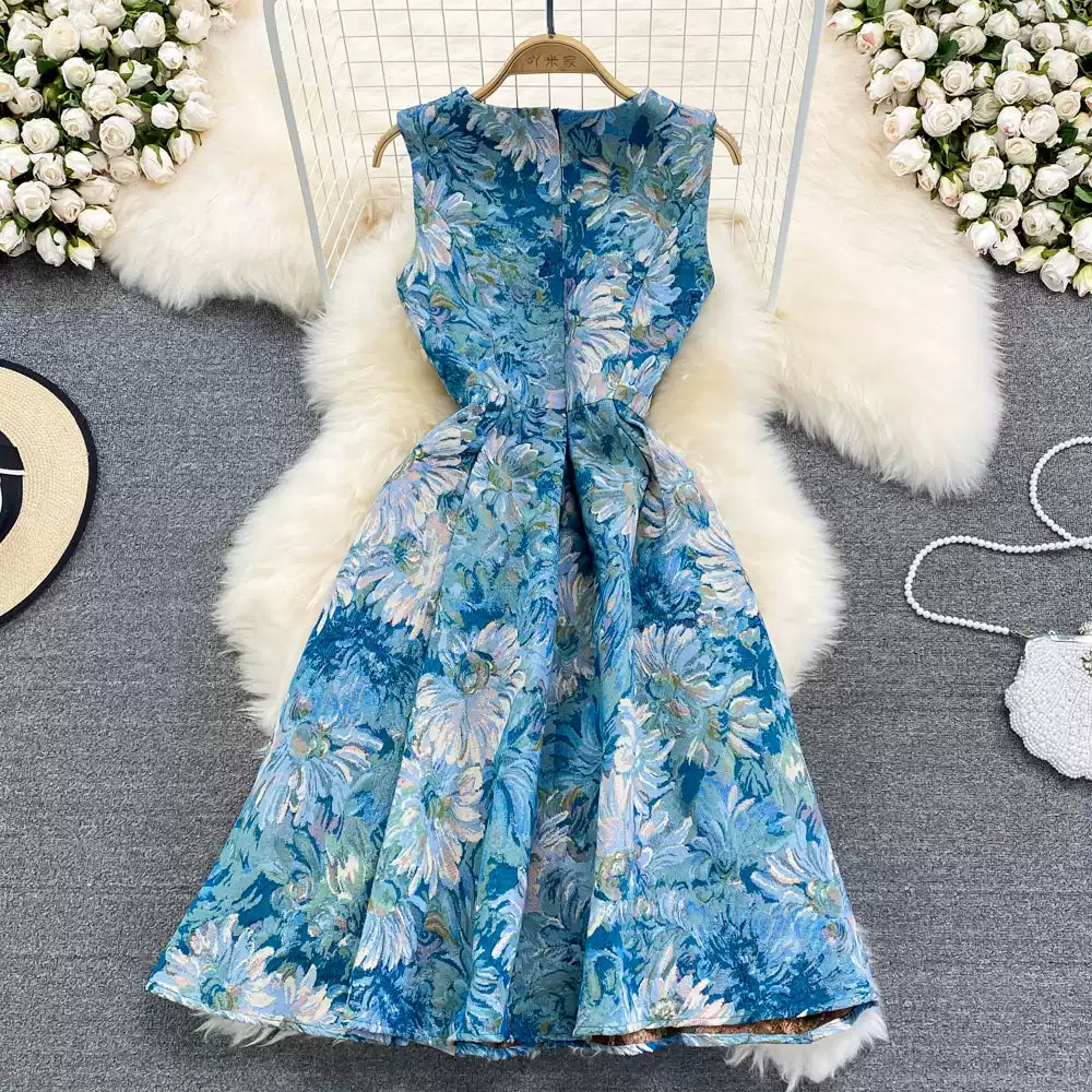 Sommerkleid im Retro-Palaststil mit Ölgemälde und Jacquardmuster, Rundhalsausschnitt, ärmellos, taillenabnehmend, mittellang und lang, A-Linie 11287