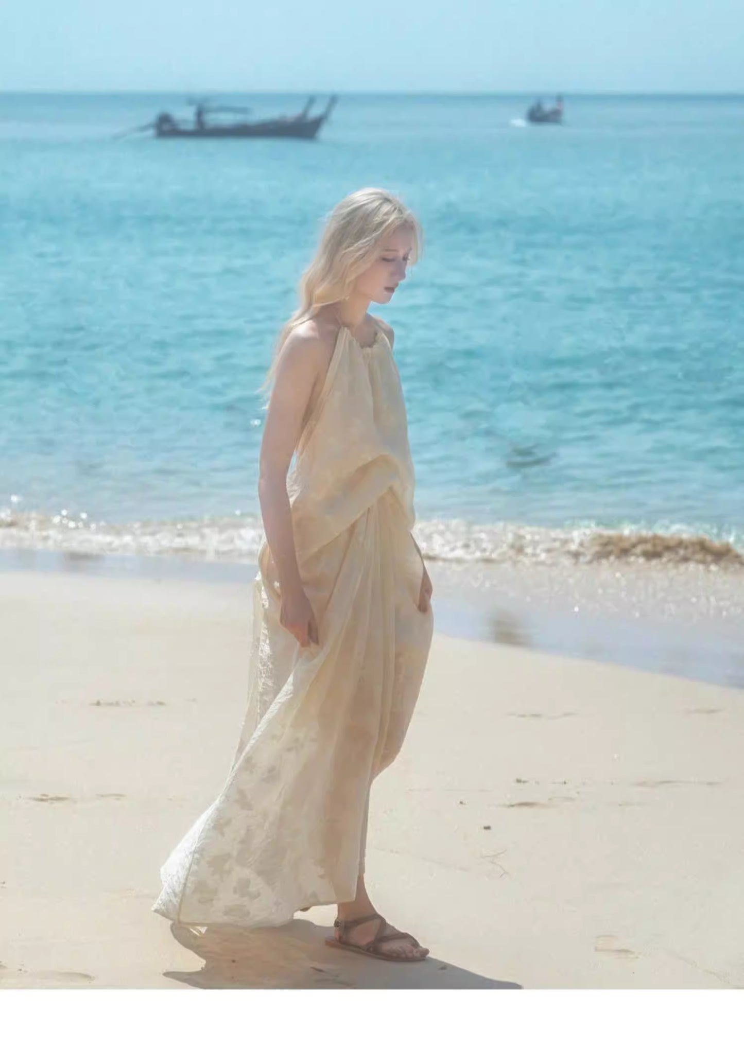 Tenue de voyage : robe dos nu à col halter, robe d'été féérique, idéale pour les séances photo, les vacances à la plage, robe de plage. 11342