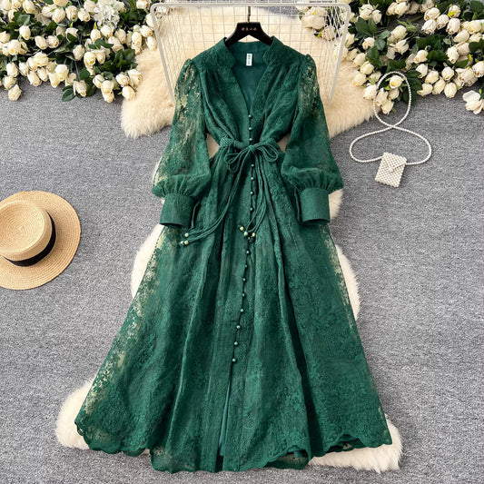 French-style high-end women's dress, spring style, fitted waist, heavy embroidery, V-neck, lantern sleeves, single-breasted long dress. 11493