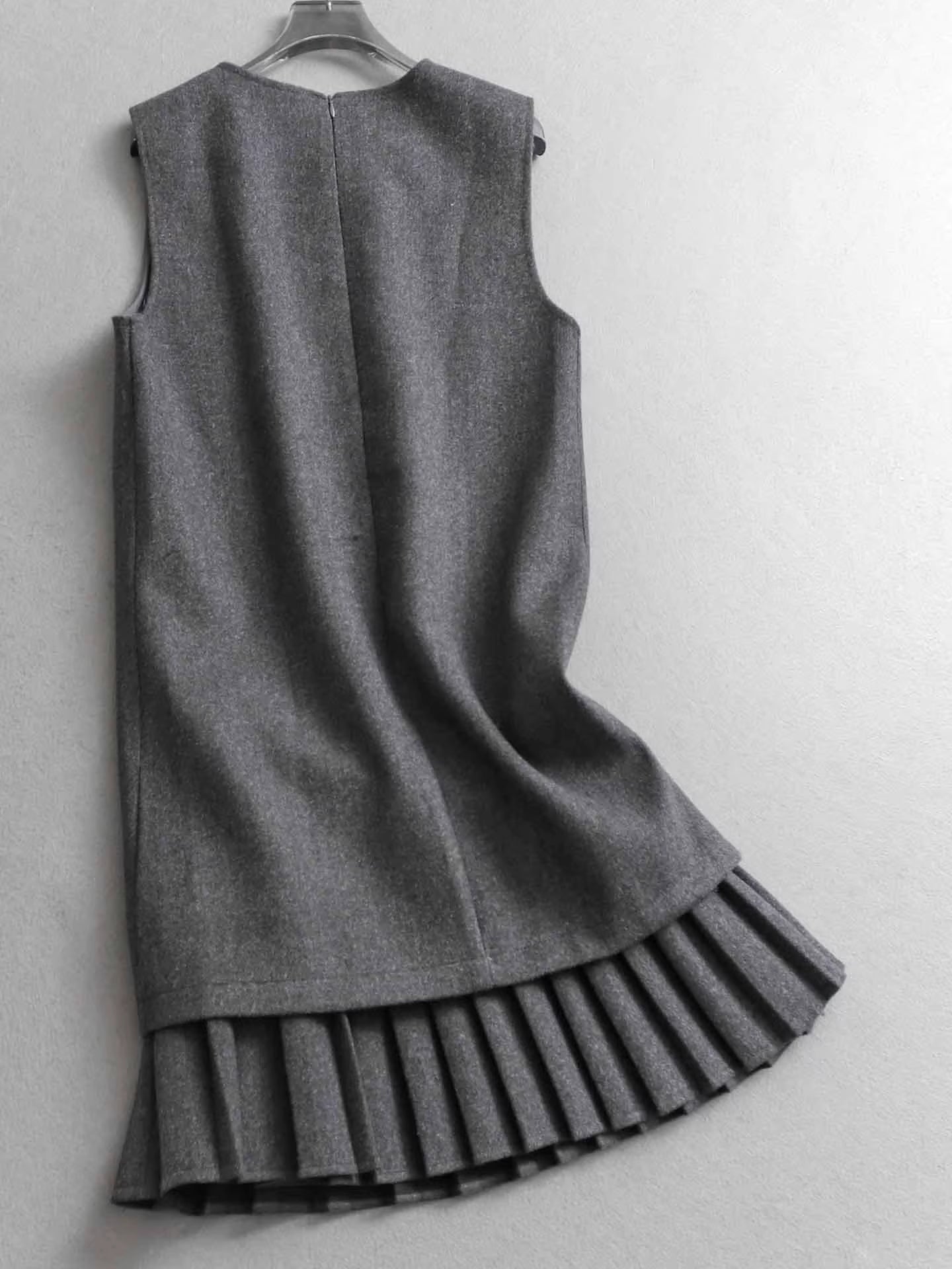 Robe gilet sans manches plissée à col rond, ornée de sequins et de perles, effet deux-pièces, robe en laine à superpositions amincissante 11296