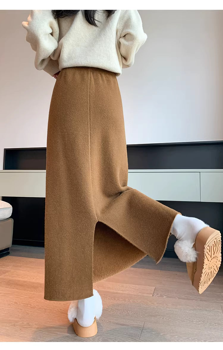 White fleece-lined, thickened faux cashmere knit midi skirt for women, winter bodycon straight A-line long skirt  11293