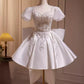 Weißes, perlenbesetztes, bauschiges, kurzes Heimkehrkleid, Hochzeitskleid, Partykleid, Geburtstagspartykleid, leichtes Hochzeitskleid, Prinzessin, gh4606