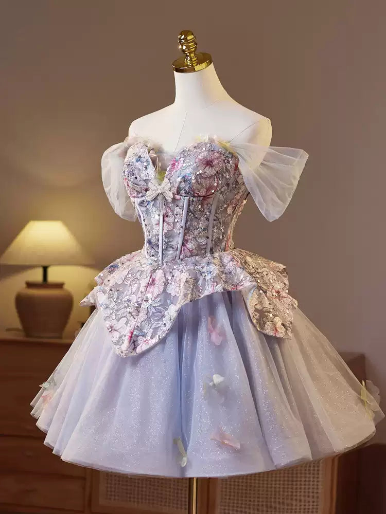 Robe de soirée courte et bouffante bleu violet, robe de princesse française en maille pour fête d'anniversaire, robe de bal gh4604