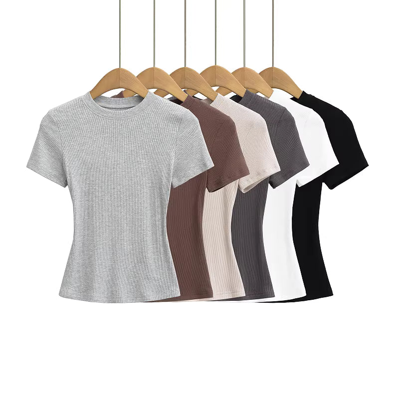 European and American style basic round neck short-sleeved T-shirt for women, summer tight-fitting stretch waist-cinching sports crop top 11427