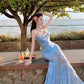 Stylish lace-trimmed spaghetti strap dress, new summer style, waist-cinching, youthful printed mesh fishtail maxi dress  11451
