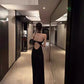 Kontrastreiches rückenfreies Kleid, figurbetontes Sommerkleid für Damen, langes Kleid, schwarz, hochwertig, eleganter Rock, Bodycon-Rock 11450