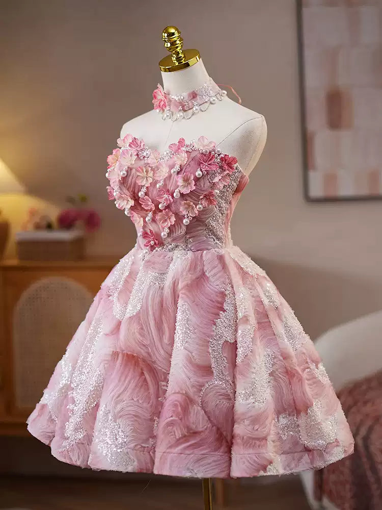 Rosa flauschiges süßes Mädchen kurzes Ballkleid Homecoming-Kleid Party Geburtstagsparty Tube Top Prinzessinnenkleid gh4605
