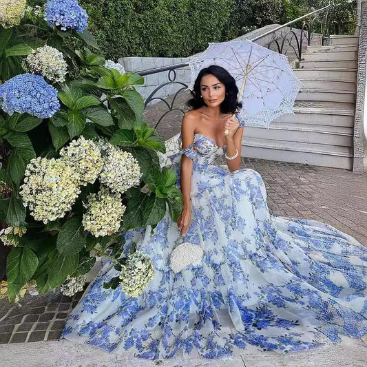 Pink/Blue Sweet A Line Floral Chiffon Long Elegant Floor Length Ball Gown Evening Gown Wedding Party Gown Prom Gown Graduation Gown gh2794