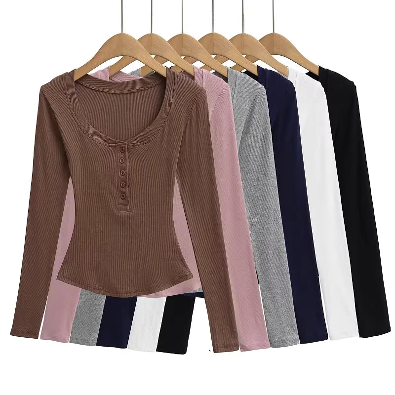 American-style hot girl hourglass waist long-sleeved T-shirt for women, early spring new style, slim fit and flattering base layer top 11420