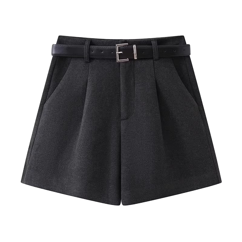 Graue Woll-Anzugshorts für Damen, warme Hose für Frühling und Herbst, Culottes, figurformende, lockere, hochgeschnittene Bootcut-Hose mit weitem Bein für leicht mollige Frauen 11413