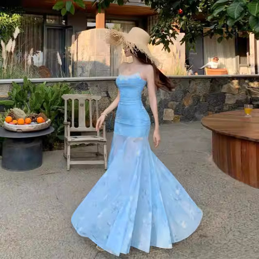 Elegantes, mit Spitze besetztes Spaghettiträgerkleid, neuer Sommerstil, tailliertes, jugendliches, bedrucktes Mesh-Maxikleid im Meerjungfrauenstil 11451