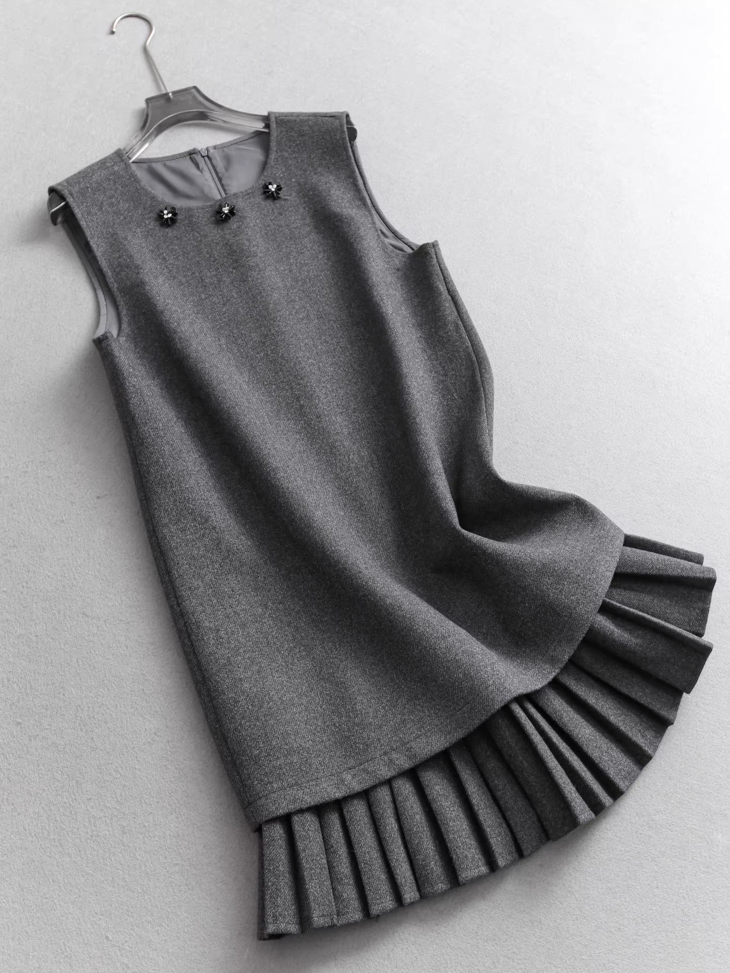 Robe gilet sans manches plissée à col rond, ornée de sequins et de perles, effet deux-pièces, robe en laine à superpositions amincissante 11296