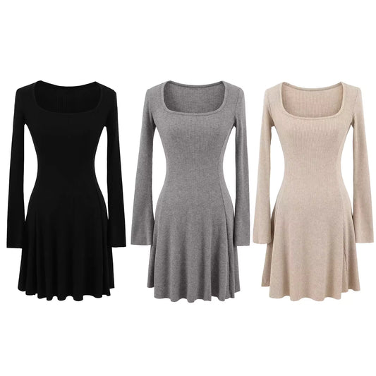Schwarzes, langärmeliges Strickkleid mit eckigem Ausschnitt für Damen, Herbst und Winter, figurschmeichelnd und ideal als Unterkleid oder Pulloverkleid. 11439