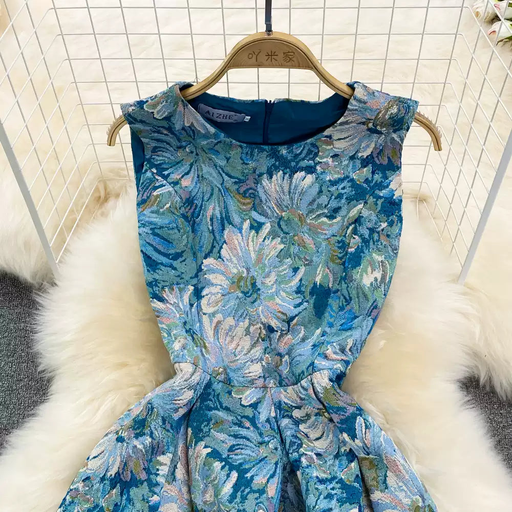 Sommerkleid im Retro-Palaststil mit Ölgemälde und Jacquardmuster, Rundhalsausschnitt, ärmellos, taillenabnehmend, mittellang und lang, A-Linie 11287