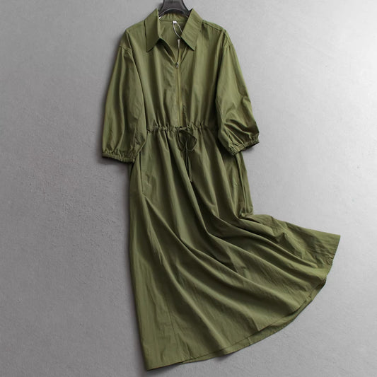 Solid color, loose fit, slimming, lightweight, waist tie, flared silhouette, three-quarter sleeve casual women's dress 11335