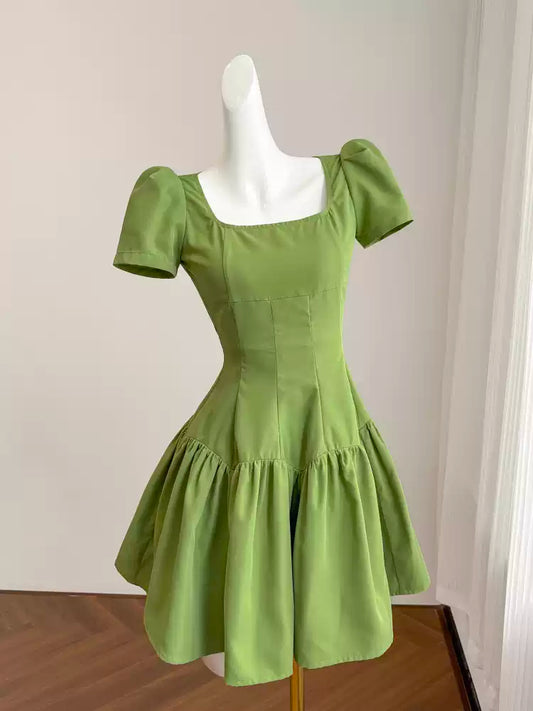 Robe de soirée verte rétro à col carré pour femme, tenue d'été courte, chic, design unique, petite, haut de gamme, 11289