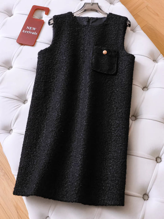 Robe sans manches à col rond, couleur unie, robe droite en laine pour femme petite et amincissante. 11303