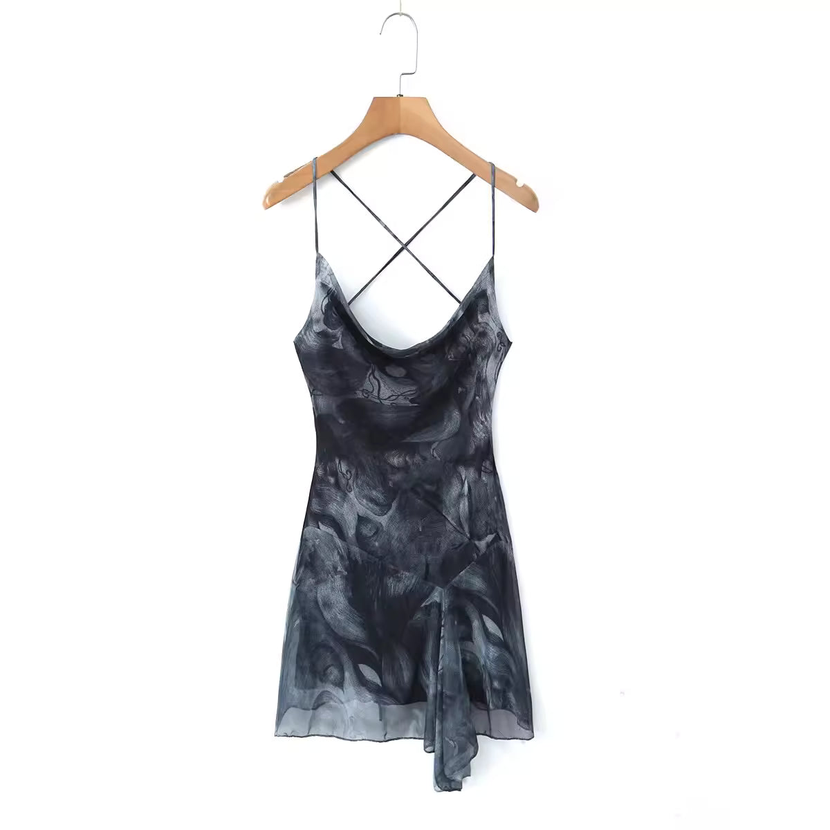 Sexy, rückenfreies Neckholderkleid mit gekreuzten Trägern, europäisch-amerikanisches Hot-Girl-Kleid mit Batikmuster und asymmetrischem Bund. 11443