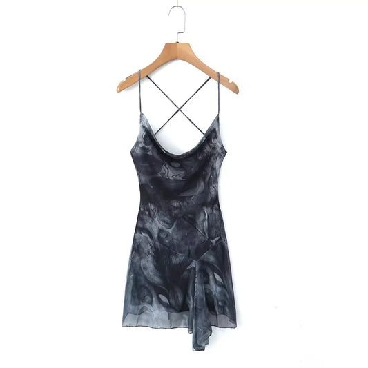 Sexy, rückenfreies Neckholderkleid mit gekreuzten Trägern, europäisch-amerikanisches Hot-Girl-Kleid mit Batikmuster und asymmetrischem Bund. 11443