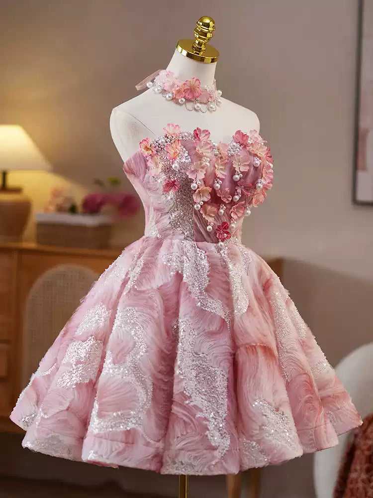 Rosa flauschiges süßes Mädchen kurzes Ballkleid Homecoming-Kleid Party Geburtstagsparty Tube Top Prinzessinnenkleid gh4605