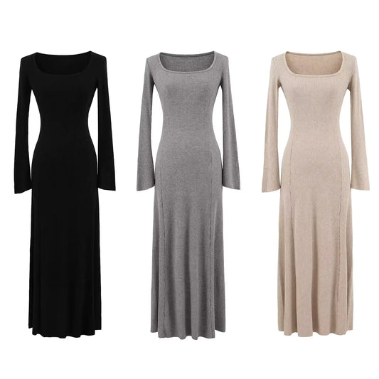 Schwarzes, langärmeliges Strickkleid mit eckigem Ausschnitt für Damen, Herbst und Winter, figurschmeichelnd und ideal als Unterkleid oder Pulloverkleid. 11438