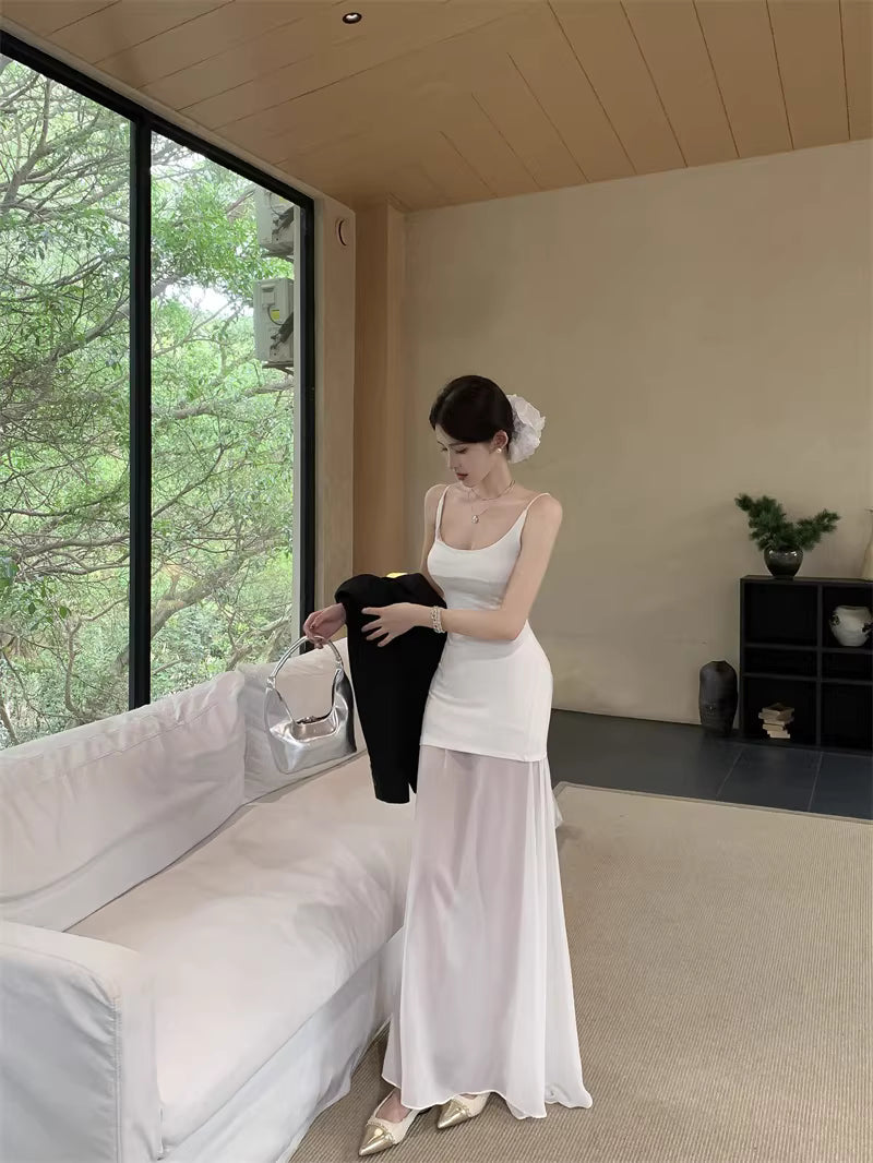 Weißes, figurbetontes Netzunterkleid im französischen Stil, neue Frühlingsmode, elegant und raffiniert, zierlich und lang. 11454