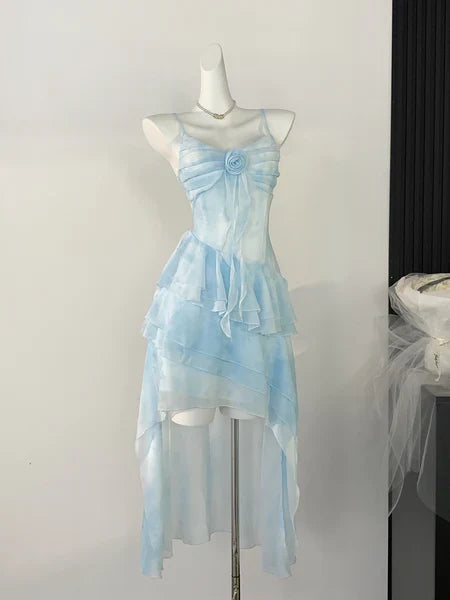 Hellblaues kurzes Heimkehrkleid mit Rüschen und Blumenmuster, plissiert, Ballkleid, Geburtstagskleid, gh4616