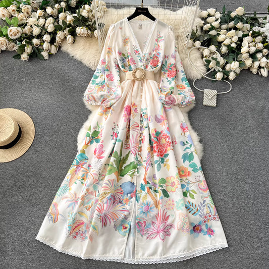 French court style dress for women, sweet lace trim, V-neck, button-down, slim fit, long, printed dress with a stylish design. 11495