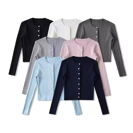 Amerikanischer Retro-Pullover mit Rundhalsausschnitt, einreihig, Zopfmuster, schlicht und vielseitig, neuer Herbststil, kurze Strickjacke, Baselayer. 11403