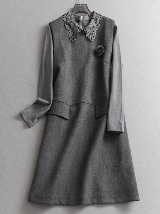 Ensemble deux pièces pour femme : robe-chemise sans manches à manches longues, col en dentelle ajourée et patchwork, référence 11312
