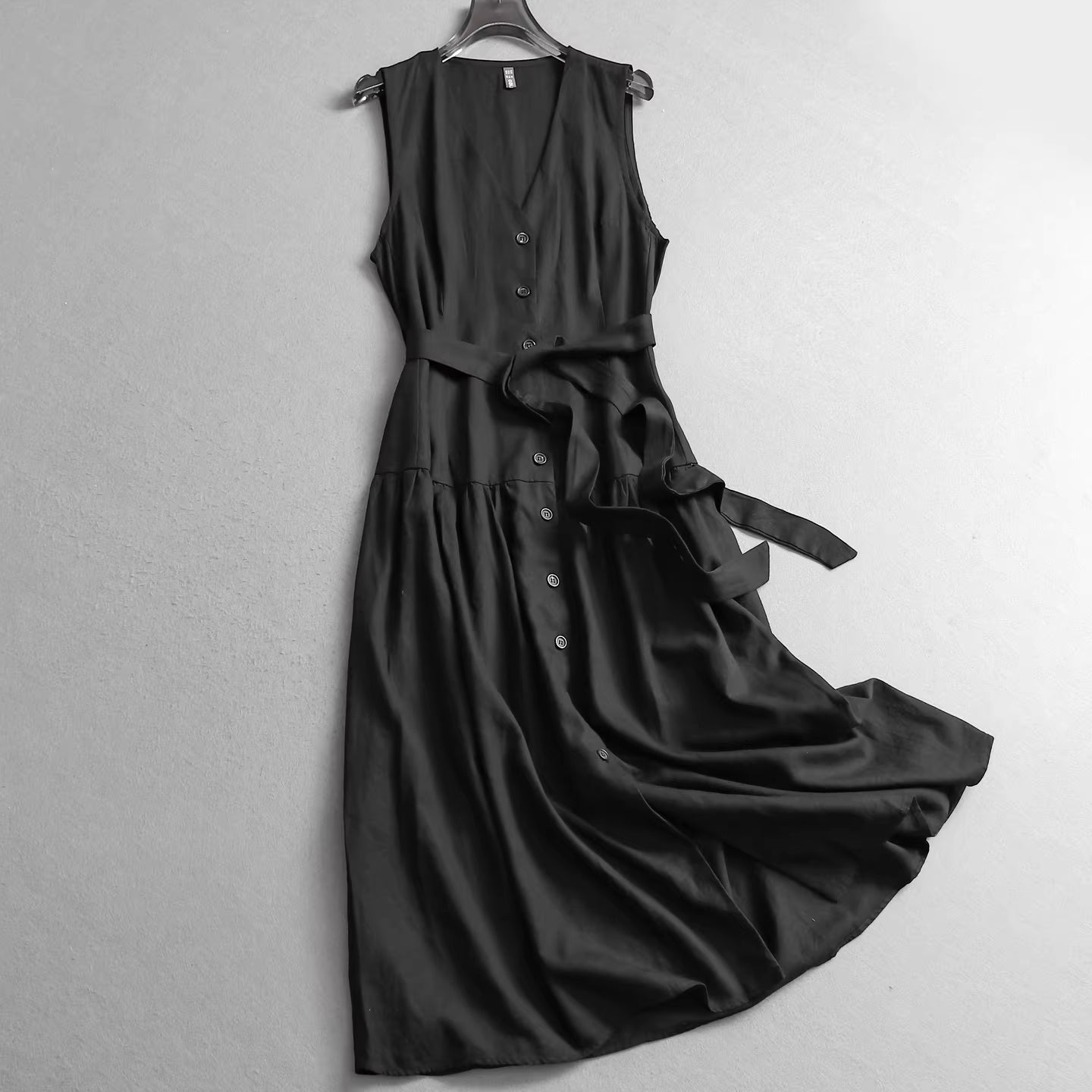 Einfarbiges, tailliertes, ärmelloses Westenkleid aus Leinenmischung, langes Herbstkleid für Damen, Modell 11336