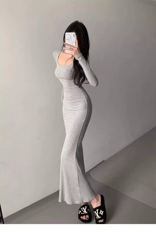 Sexy, figurbetontes, langärmeliges Meerjungfrauenkleid mit U-Ausschnitt – ein klassischer Stil, der bei westlichen Frauen sehr beliebt ist. 11471