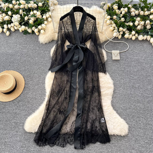 Sexy and elegant thin shawl nightgown/bathrobe for women, with bow tie, fitted waist, flared sleeves, and lace. 11492