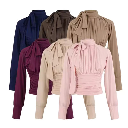 Damen-Herbstbluse im europäischen und amerikanischen Stil, schmal geschnitten, mit Stehkragen, Schleife und Faltenärmeln 11441