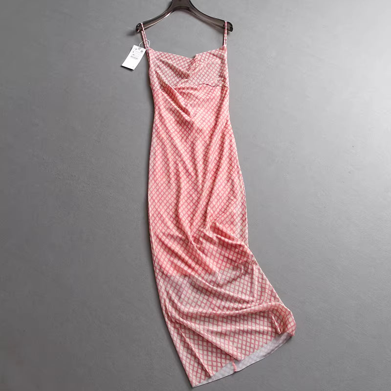 Jupe moulante à carreaux, jupe en résille, style épaules dénudées, robe à bretelles été tendance pour femme 11297