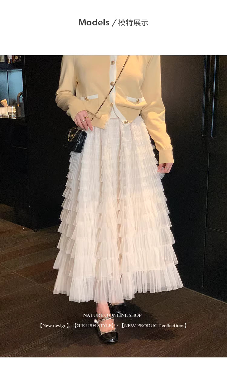 Jupe longue printanière en tulle style français, jupe féérique, jupe trapèze à taille élastique, disponible en noir et blanc. 11294