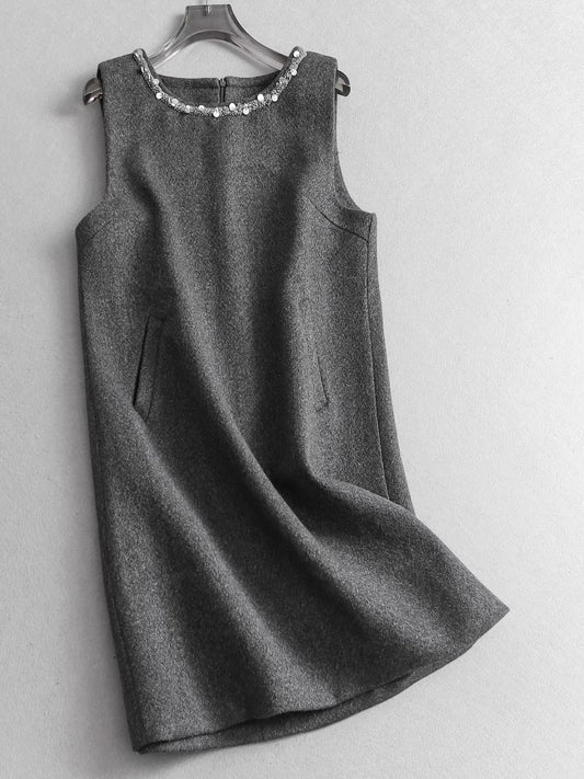 Robe-gilet droite sans manches en laine, ornée de sequins colorés et à col rond, pour femme. Coupe flatteuse et amincissante. 11309