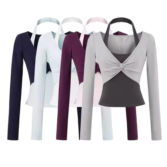 Farblich abgesetztes, geknotetes Langarmshirt mit Neckholder-Ausschnitt in Zweiteiler-Optik für Damen, Herbstmode, sexy Look, figurschmeichelnd und vorteilhaft. 11433