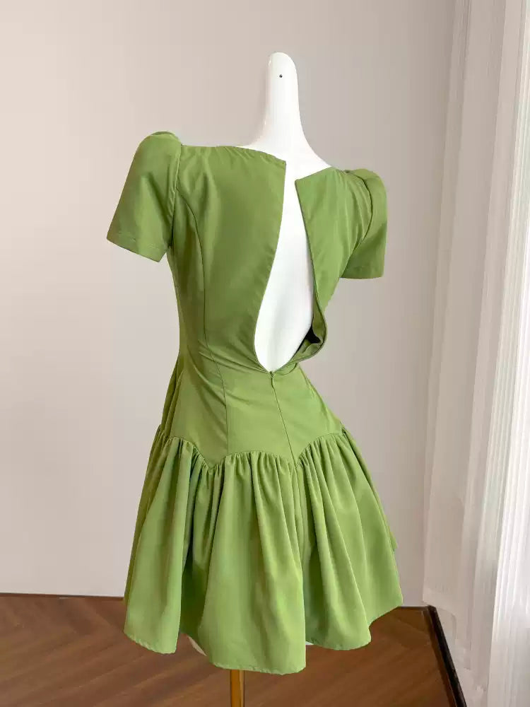 Grünes Retro-Heimkehrkleid mit quadratischem Ausschnitt für Frauen, Sommer, kurz, schick, einzigartiges Design, kleines High-End-Kleid 11289