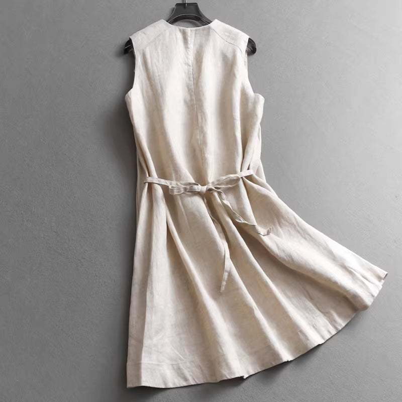 Robe-chemise élégante en lin, unie, ceinturée à la taille et à col en V, boutonnée, avec ceinture et effet amincissant (réf. 11298).