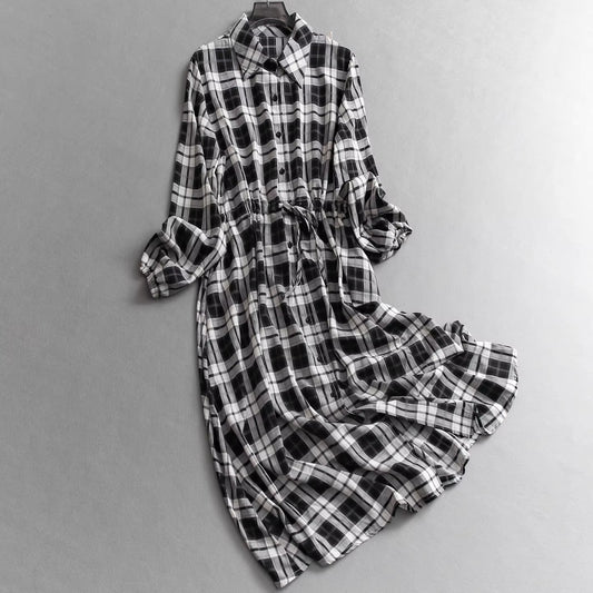 Robe-chemise à carreaux color-block, col, taille élastiquée avec cordon, style automne, manches longues, jupe longue femme 11330
