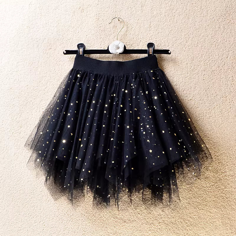 Women's Spring/Summer New Style Irregular Mesh Skirt with Sequins, High-Waisted Short Skirt, Slimming, Full Swing, Puffy Skirt Pants  11366