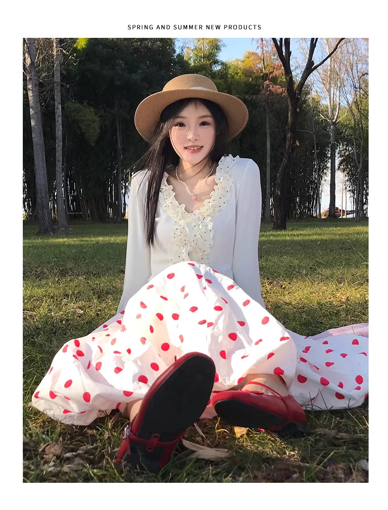 White polka dot midi skirt for women, summer style, thin, new style, high-waisted, slimming, mid-length, fairy-like skirt, A-line, tulip skirt  11295