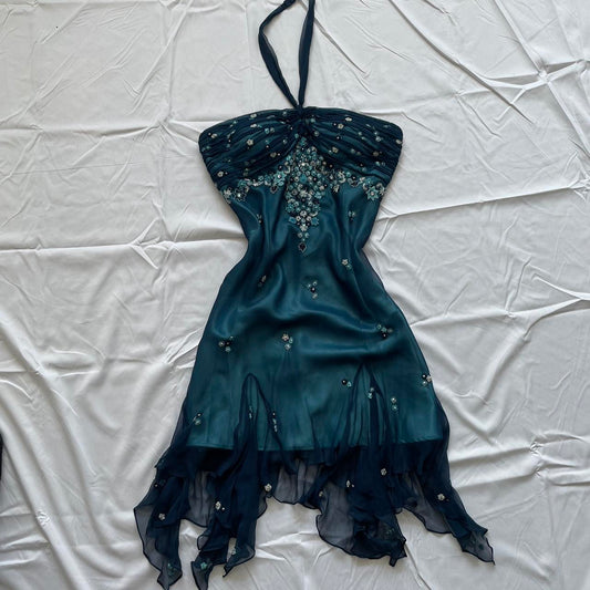 Girlhomeshops-Blue floral beaded short halter chiffon homecoming dress birthday party dress gh5263