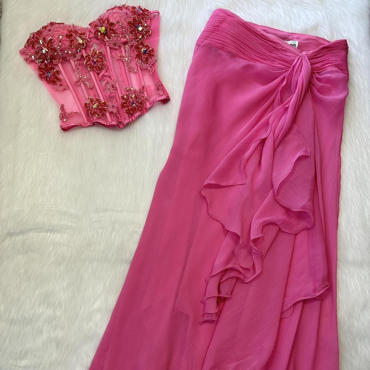 Rosa Perlen Schöne Elegante Zwei Stück Maxi Urlaub Party Kleid gh4309